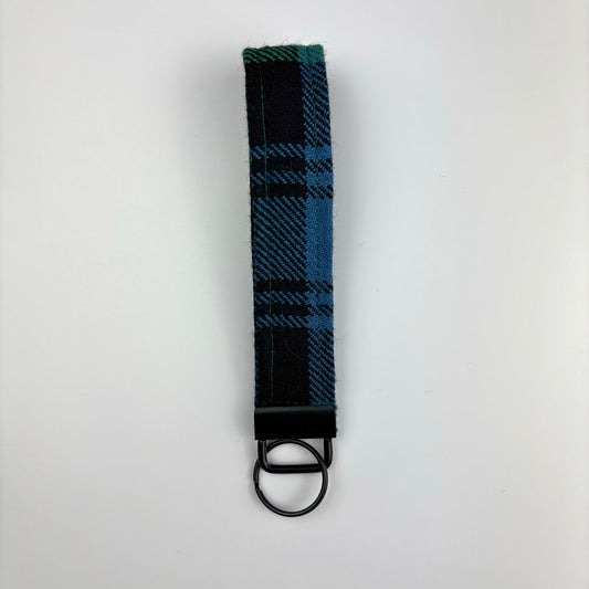 Black Watch Ancient Tartan Keyring, upright on white, black metal hardware