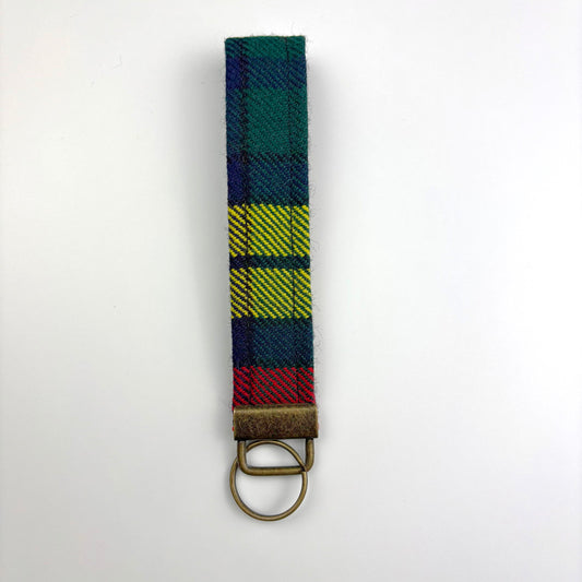 Buchanan Modern Tartan Keyring, upright on white, brass hardware