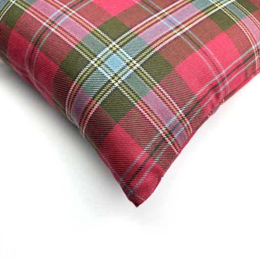 MacLean of Duart Weathered Tartan Cushion, corner close-up on white background