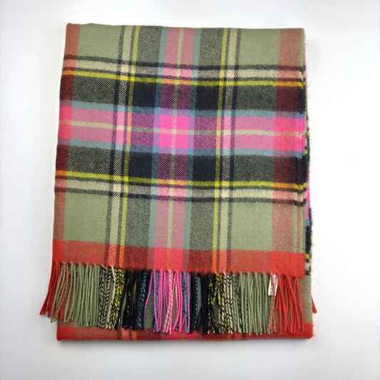 Bruce of Kinnaird Ancient Tartan Throw, folded flat on white, fringed ends, small label