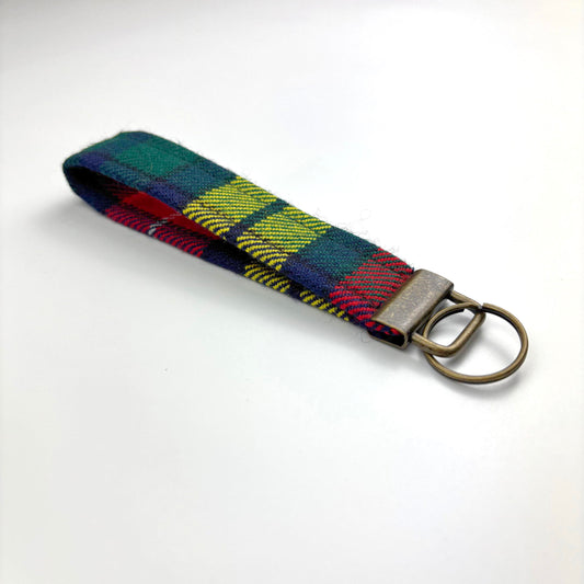 Buchanan Modern Tartan Keyring, angled on white, brass ring and metal end