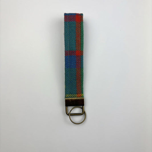 MacIntosh Hunting Ancient Tartan Keyring, upright on white, brass ring and tab