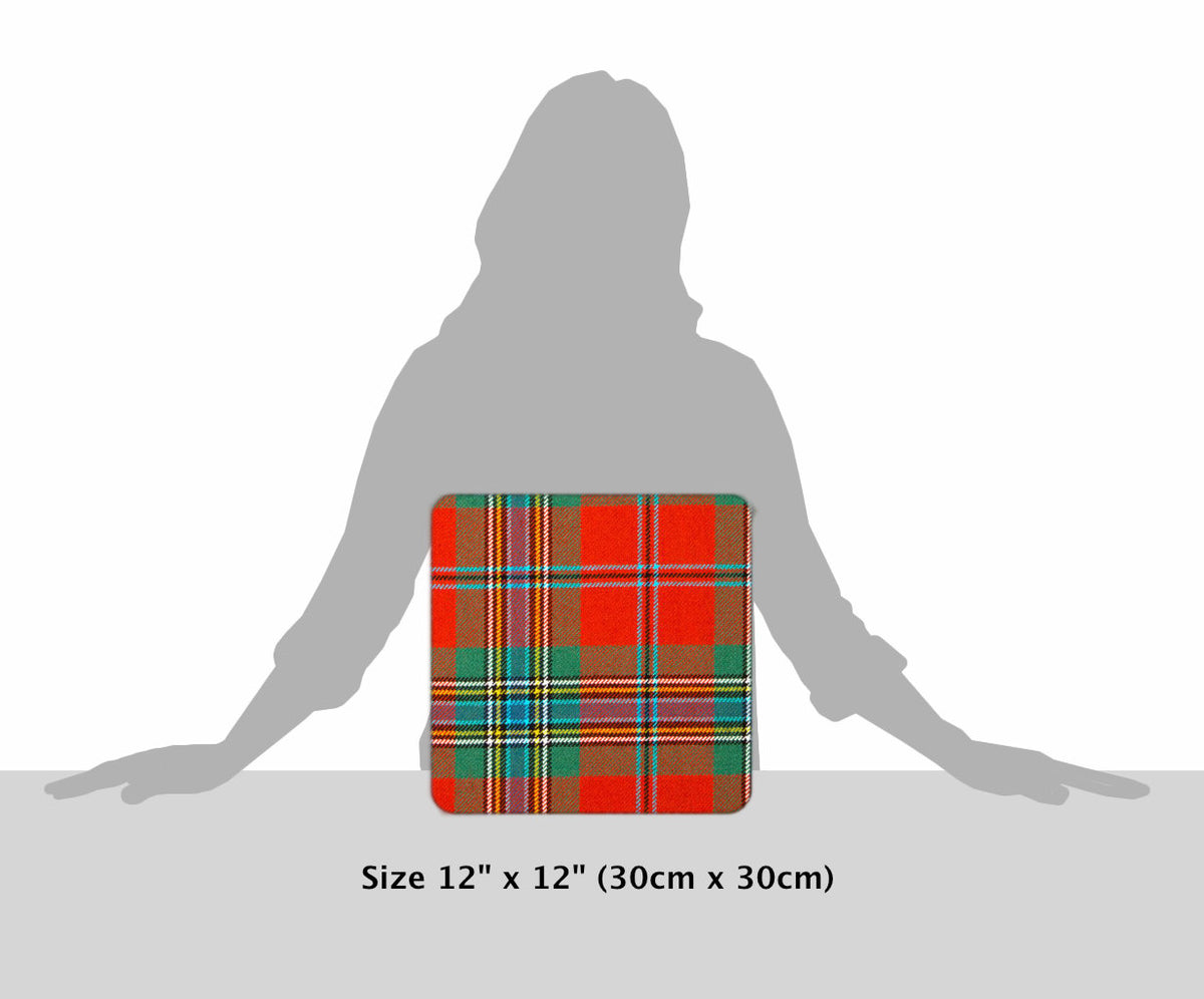 MacLean of Duart Ancient Tartan Cushion, shown on grey silhouette, labelled 12 by 12 inches