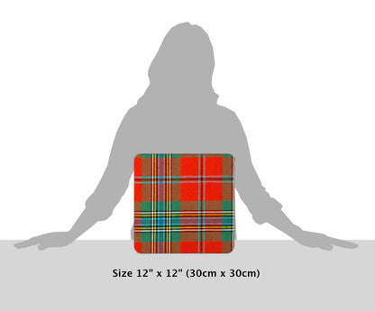 MacLean of Duart Ancient Tartan Cushion, shown on grey silhouette, labelled 12 by 12 inches