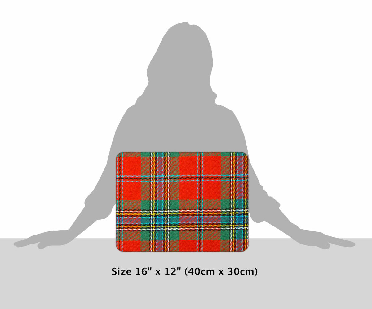 MacLean of Duart Ancient Tartan Cushion, size guide graphic, 16 by 12 inches against silhouette