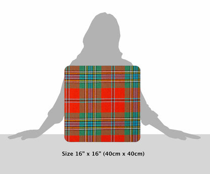 MacLean of Duart Ancient Tartan Cushion, size guide with grey silhouette, 16 by 16 inches