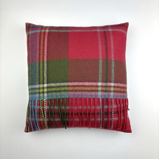 MacLean of Duart Weathered Fringed Tartan Cushion, front view of cushion with fringed bottom edge
