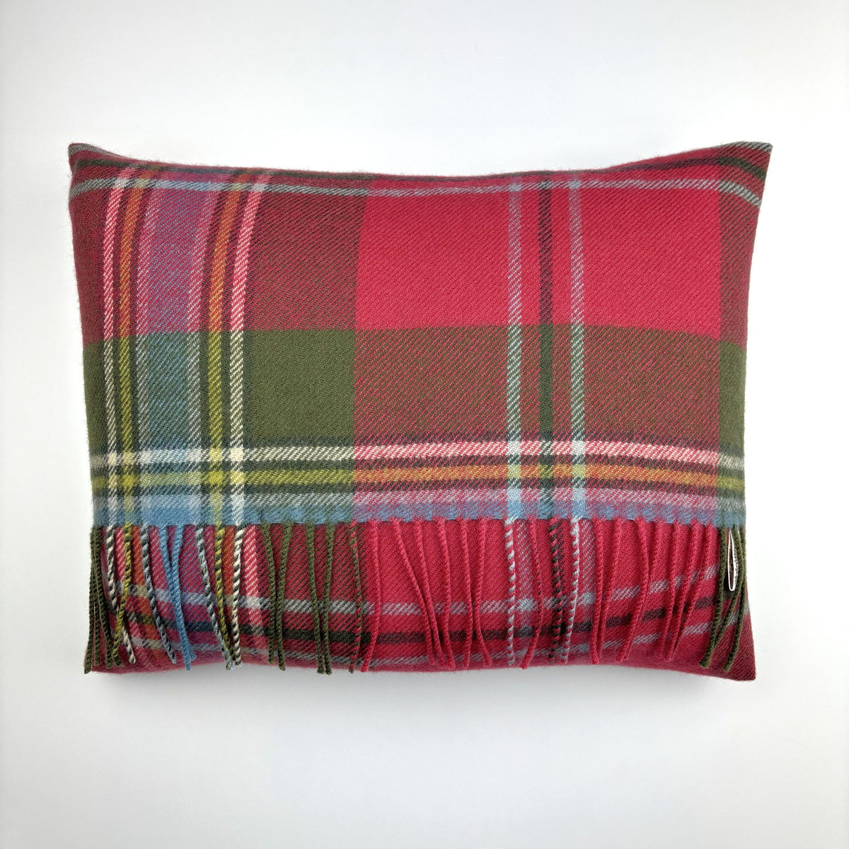 MacLean of Duart Weathered Fringed Tartan Cushion, front view on white, fringed bottom edge