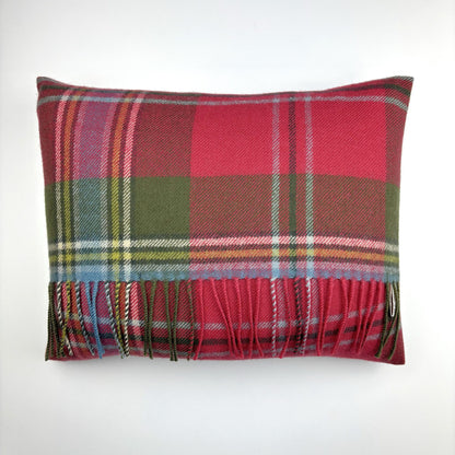 MacLean of Duart Weathered Fringed Tartan Cushion, front view on white, fringed bottom edge