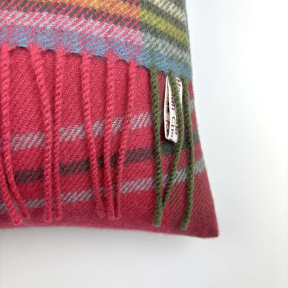 MacLean of Duart Weathered Fringed Tartan Cushion, fringed corner close-up, label between the tassels