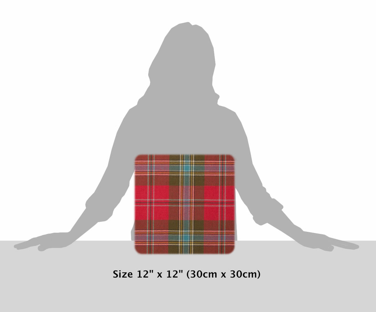 MacLean of Duart Weathered Fringed Tartan Cushion, shown on grey silhouette, labelled 12 by 12 inches