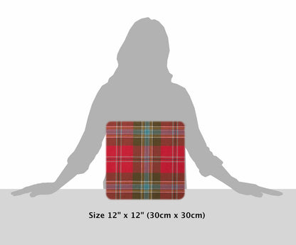 MacLean of Duart Weathered Fringed Tartan Cushion, shown on grey silhouette, labelled 12 by 12 inches