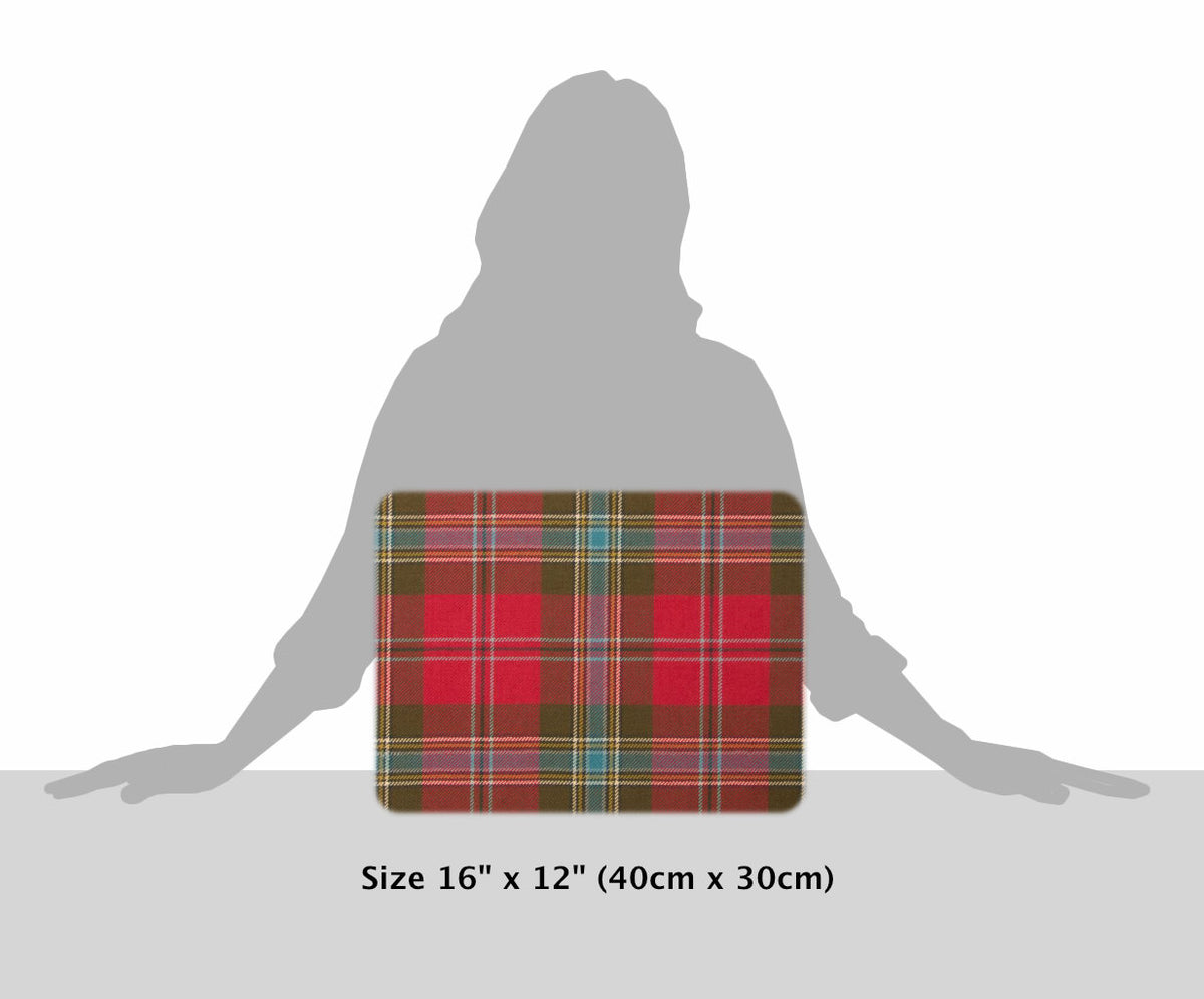 MacLean of Duart Weathered Fringed Tartan Cushion, size guide graphic, 16 by 12 inches against silhouette