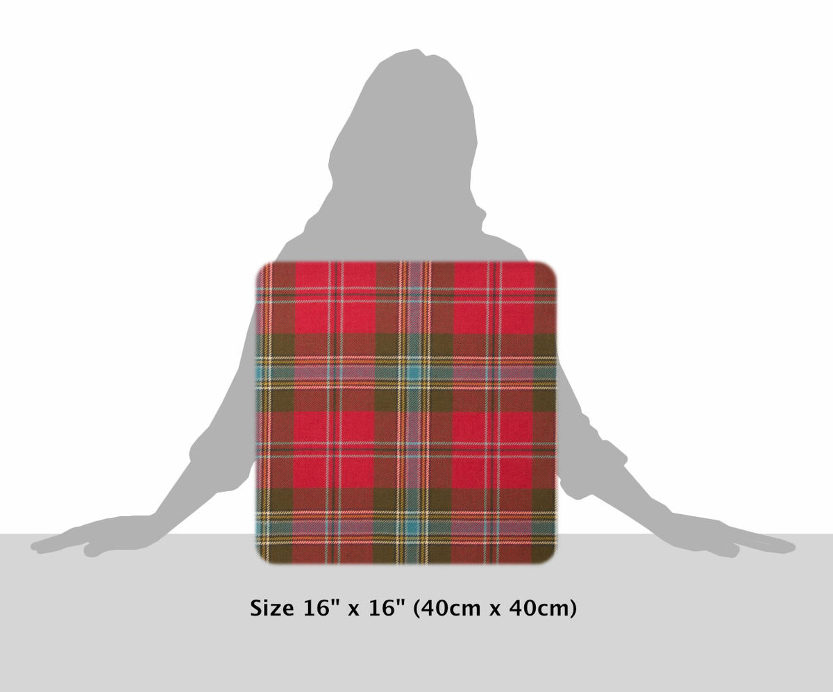 MacLean of Duart Weathered Fringed Tartan Cushion, size guide, grey silhouette, 16 by 16 inches