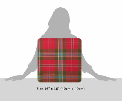 MacLean of Duart Weathered Fringed Tartan Cushion, size guide, grey silhouette, 16 by 16 inches