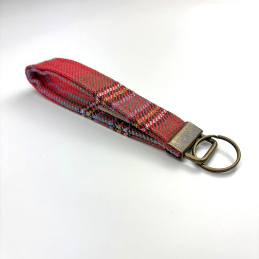 MacLean of Duart Weathered Tartan Keyring, angled on white, brass ring