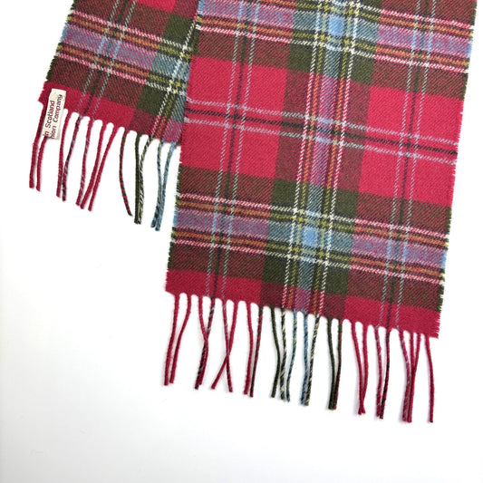 MacLean of Duart Weathered Tartan Scarf, lying flat on white, fringe and label visible