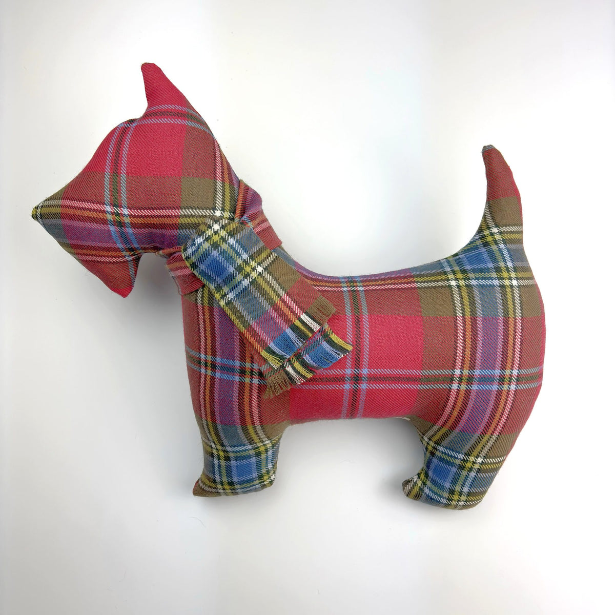 MacLean of Duart Weathered Tartan Scottie, side-on on white, fabric dog with a neckerchief