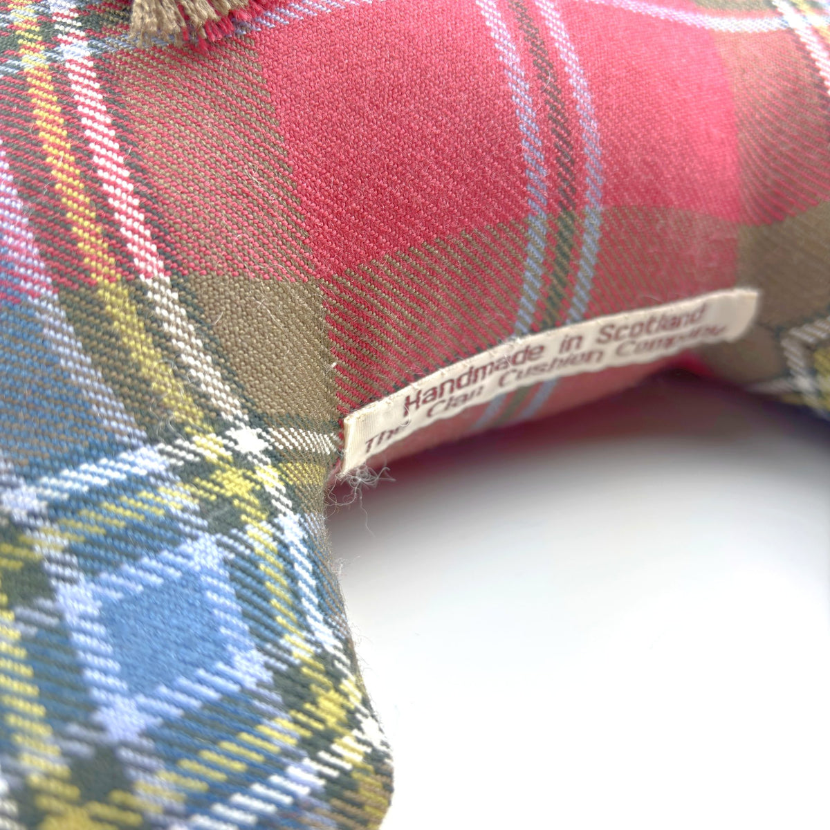 MacLean of Duart Weathered Tartan Scottie, close-up of body on white, cream label visible
