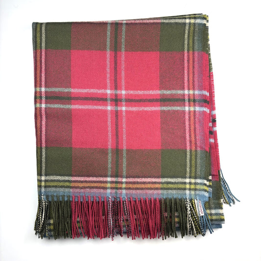 MacLean of Duart Weathered Tartan Throw, folded flat on white, fringed ends, label visible