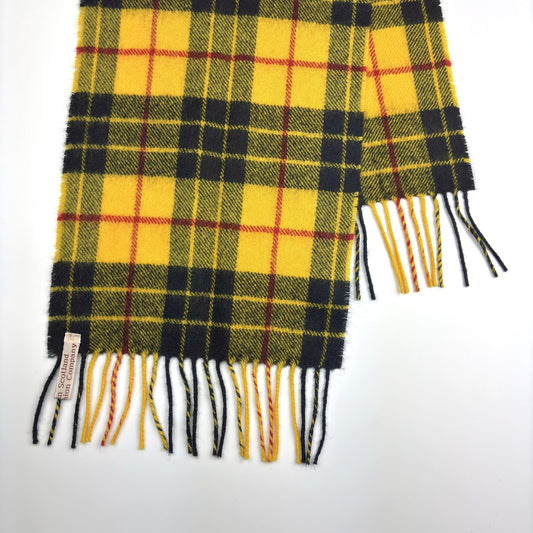 MacLeod Dress Modern Tartan Scarf, end flat on white, fringed, label visible