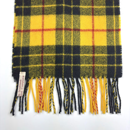 MacLeod Dress Modern Tartan Scarf, end close-up on white, fringed hem, woven label
