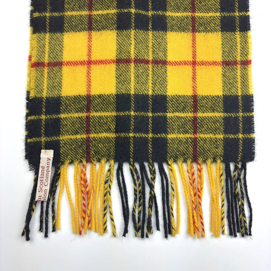MacLeod Dress Modern Tartan Scarf, end close-up on white, fringed hem, woven label