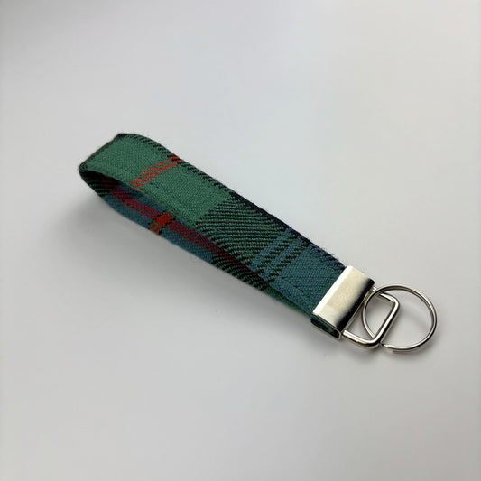 Murray of Atholl Ancient Tartan Keyring, angled on white, silver ring and tab