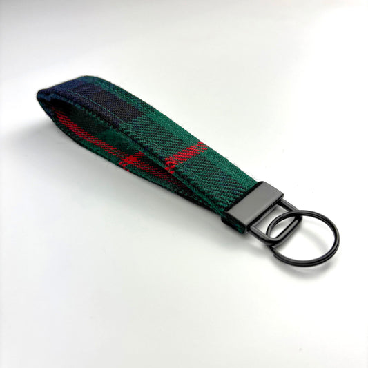 Murray of Atholl Modern Tartan Keyring, angled on white, dark metal hardware and ring
