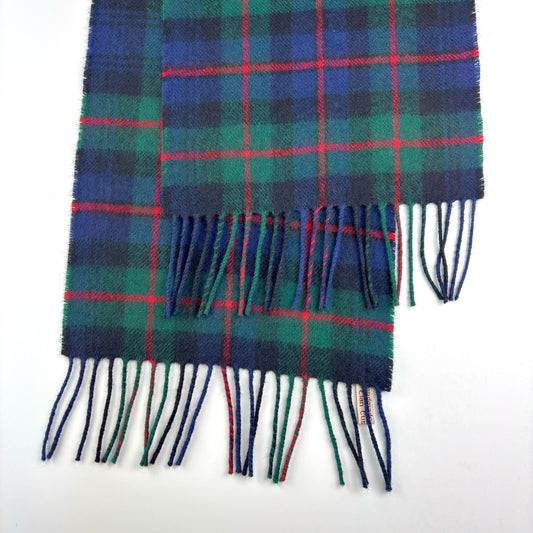 Murray of Atholl Modern Tartan Scarf, folded fringe end on white, small label visible