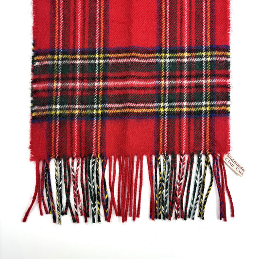 Stewart Royal Modern Tartan Scarf, lying flat on white, fringed end and label