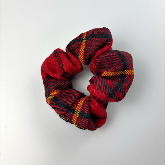 Wallace Red Modern Tartan Hair Scrunchie, three-quarter view, gathered fabric on white